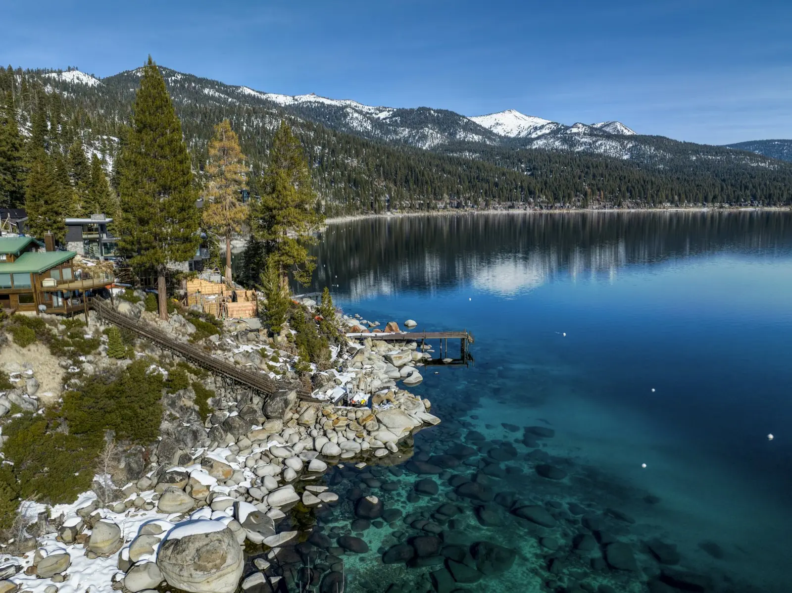 Lake Tahoe shoreline with pine forest